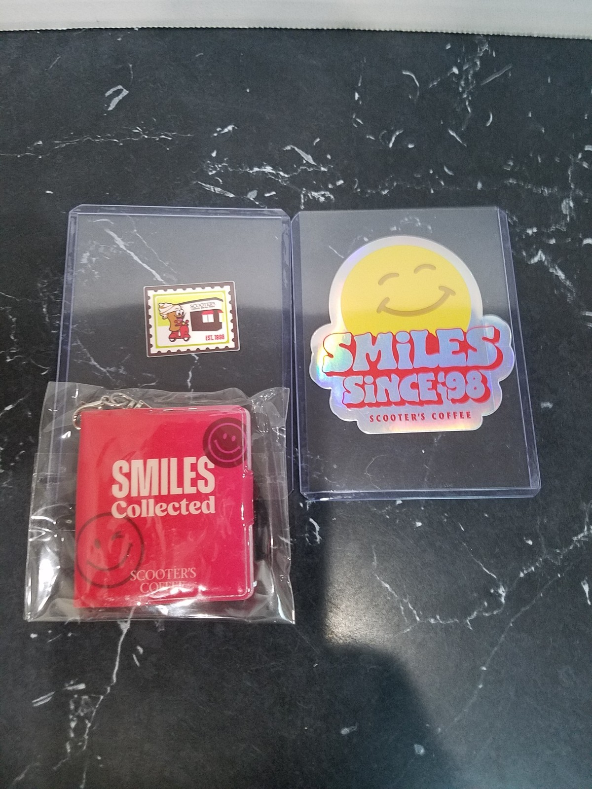 Scooters Coffee Keychain Sticker Book & Postage Stamp and Smiles 98 Sticker