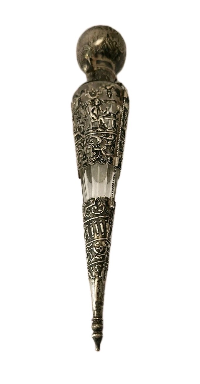 Antique Dutch Laydown Perfume Bottle / Scenic Sterling Overlay, 1890/1900 Antique Dutch Laydown Perfume Bottle / Scenic Sterling Overlay, 1890/1900