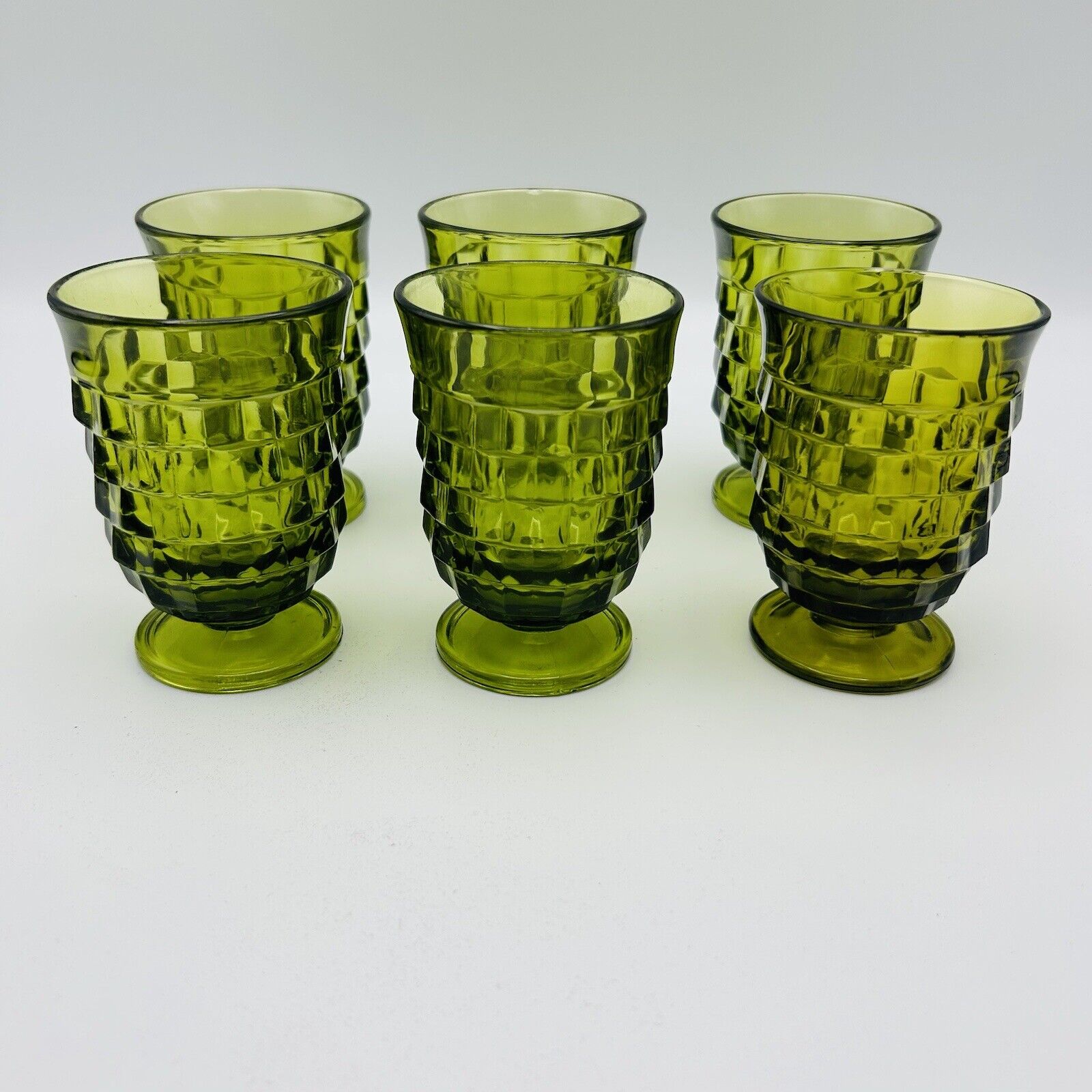VTG MCM Olive Green WHITEHALL Colony Cubist Footed Juice Glasses Set Of 6 READ**