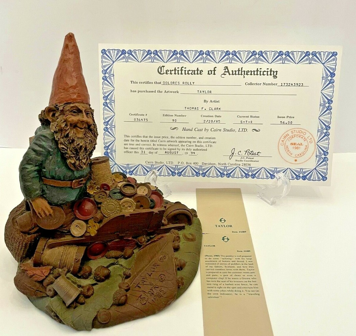 Tom Clark Clay Gnome Sculpture Taylor 1985 Item #1089 Edition #90 COA Story Card