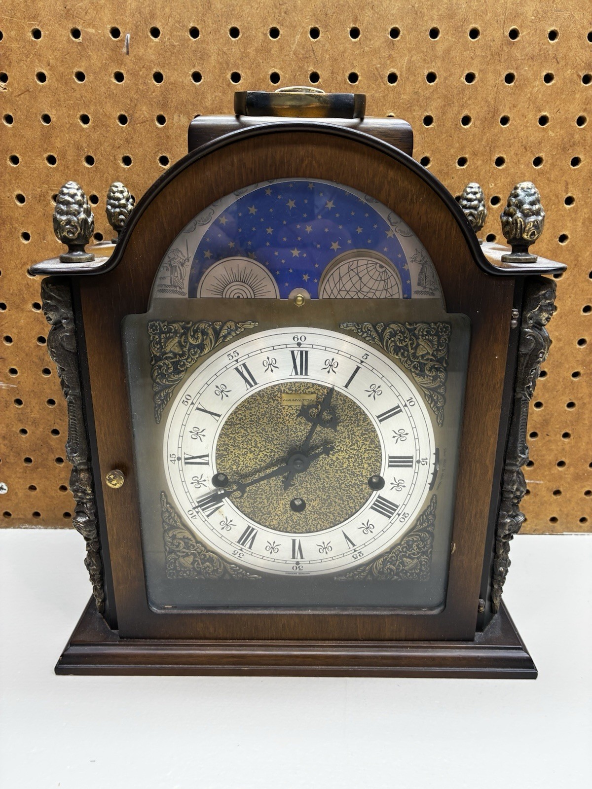Vintage Hamilton Mantel Bracket Clock West Germany 1050-020 Moon Phase Wood Case
