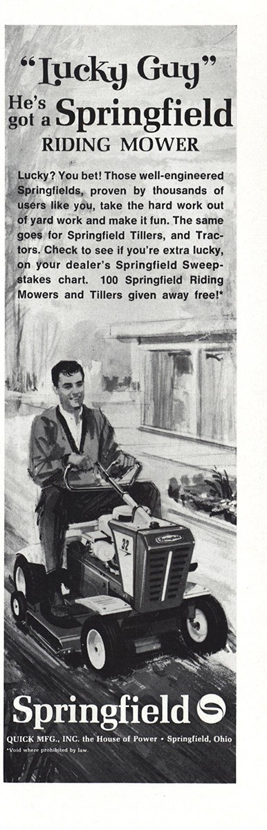 1964 Springfield Tractor: Lucky Guy Riding Mower Vintage Print Ad 1964 Springfield Tractor: Lucky Guy Riding Mower Vintage Print Ad