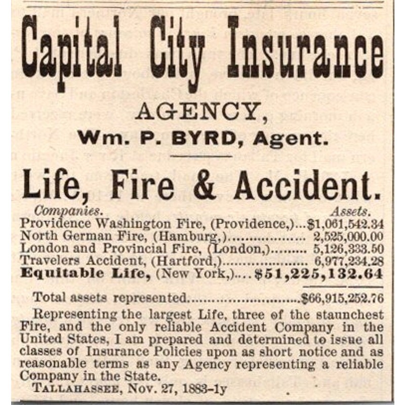Capital City Insurance Agency Wm. P. Byrd 1884 Florida Clipping SAJ2-M18