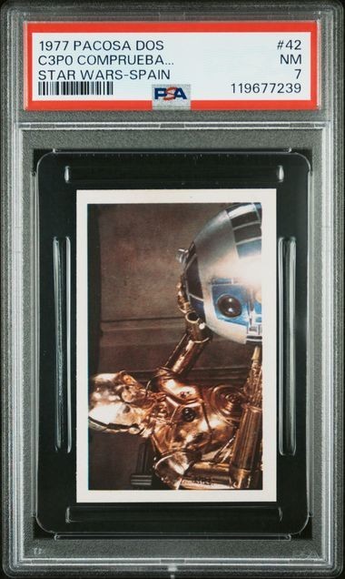 1977 PACOSA STAR WARS STICKER SPAIN C3PO AND R2-D2 #42 PSA 7, POP 3, NONE HIGHER 1977 PACOSA STAR WARS STICKER SPAIN C3PO AND R2-D2 #42 PSA 7, POP 3, NONE HIGHER