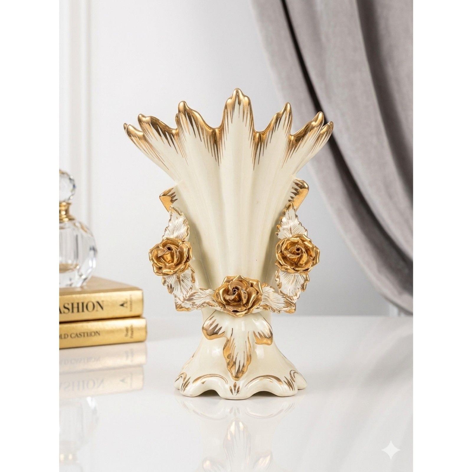 Vintage Portuguese Fan Vase Heavy 24K Gold Gilt Applied Roses Ceramic Vintage Portuguese Fan Vase Heavy 24K Gold Gilt Applied Roses Ceramic