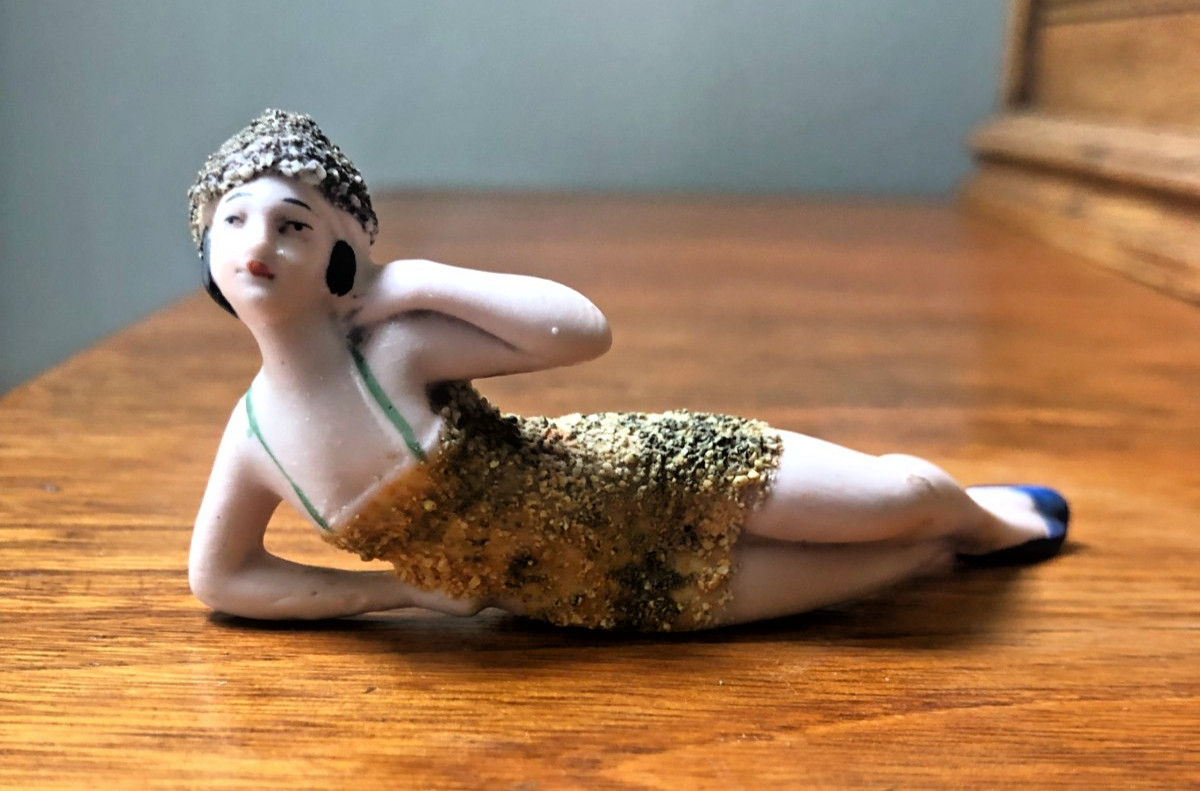 Antique 1920s Bisque Art Deco Flapper Bathing Beauty textured suit Japan 3 1/4