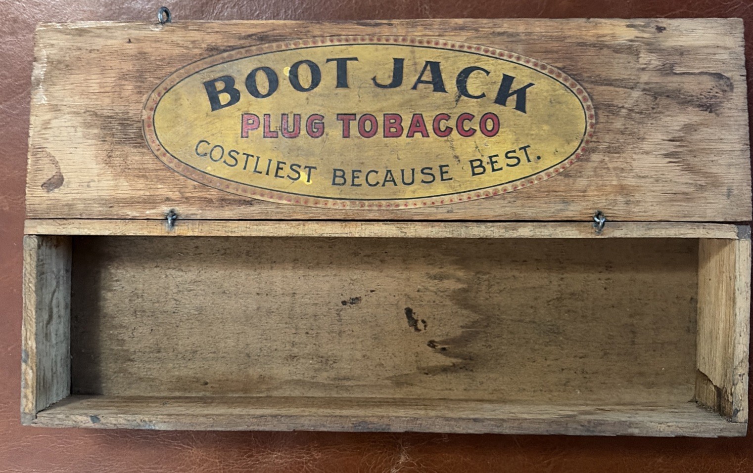 ANTIQUE BOOT JACK PLUG TOBACCO BOX. CHECK OUT THE PHOTOS. ANTIQUE BOOT JACK PLUG TOBACCO BOX. CHECK OUT THE PHOTOS.