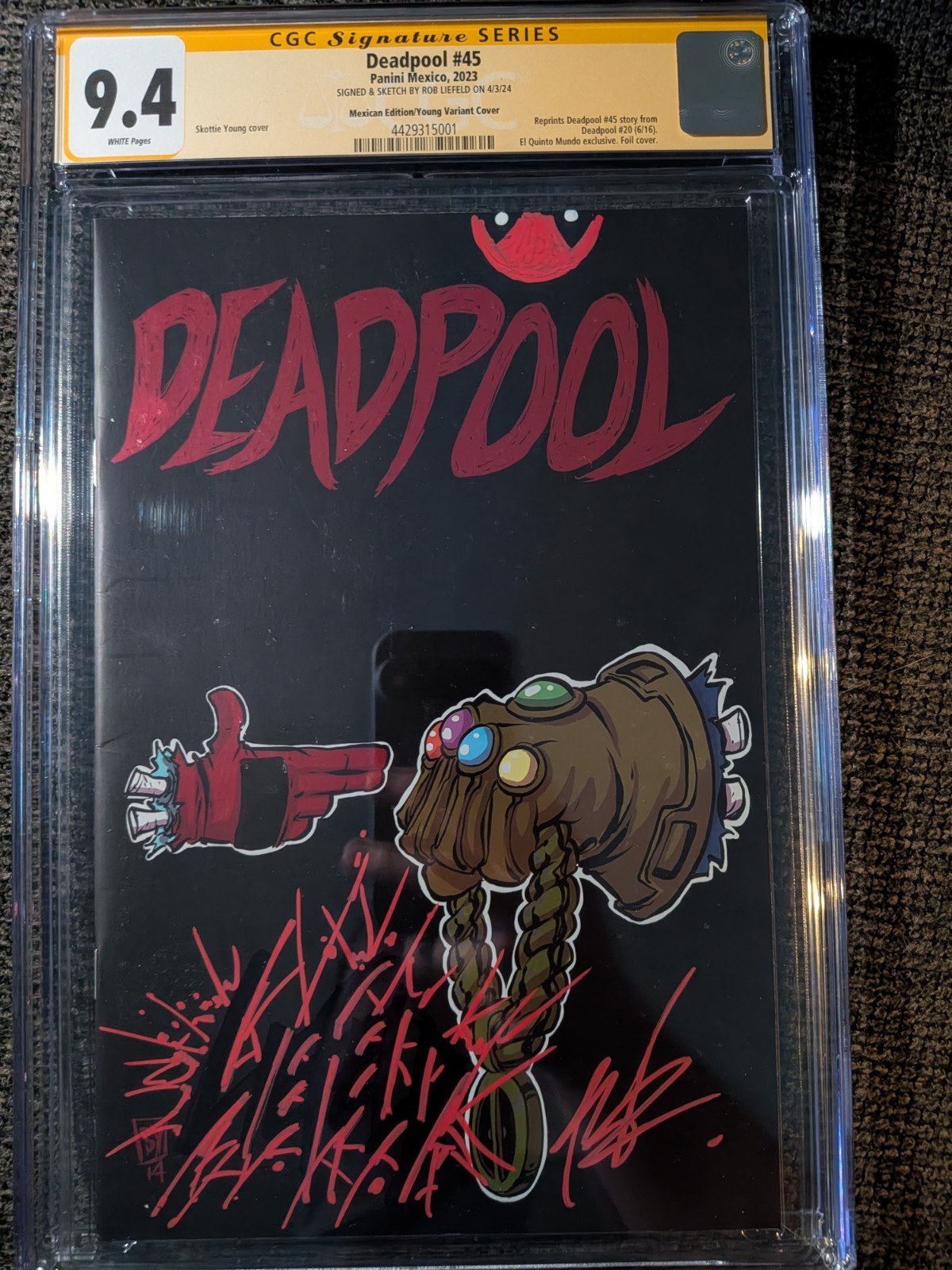 Deadpool #45 RunTheJewels 2023 Mexican Foil CGC 9.4 sign/sketched By Rob Liefeld