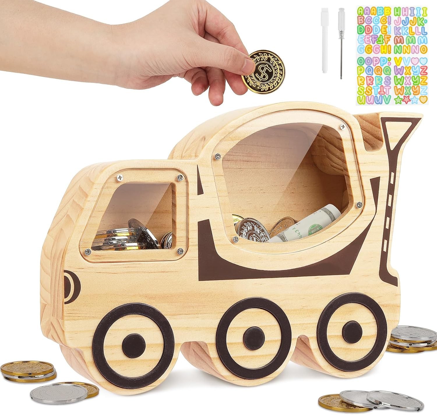 Wooden Piggy Bank for Kids, Unbreakable Coin Bank, Cement Tanker Wooden Piggy Bank for Kids, Unbreakable Coin Bank, Cement Tanker