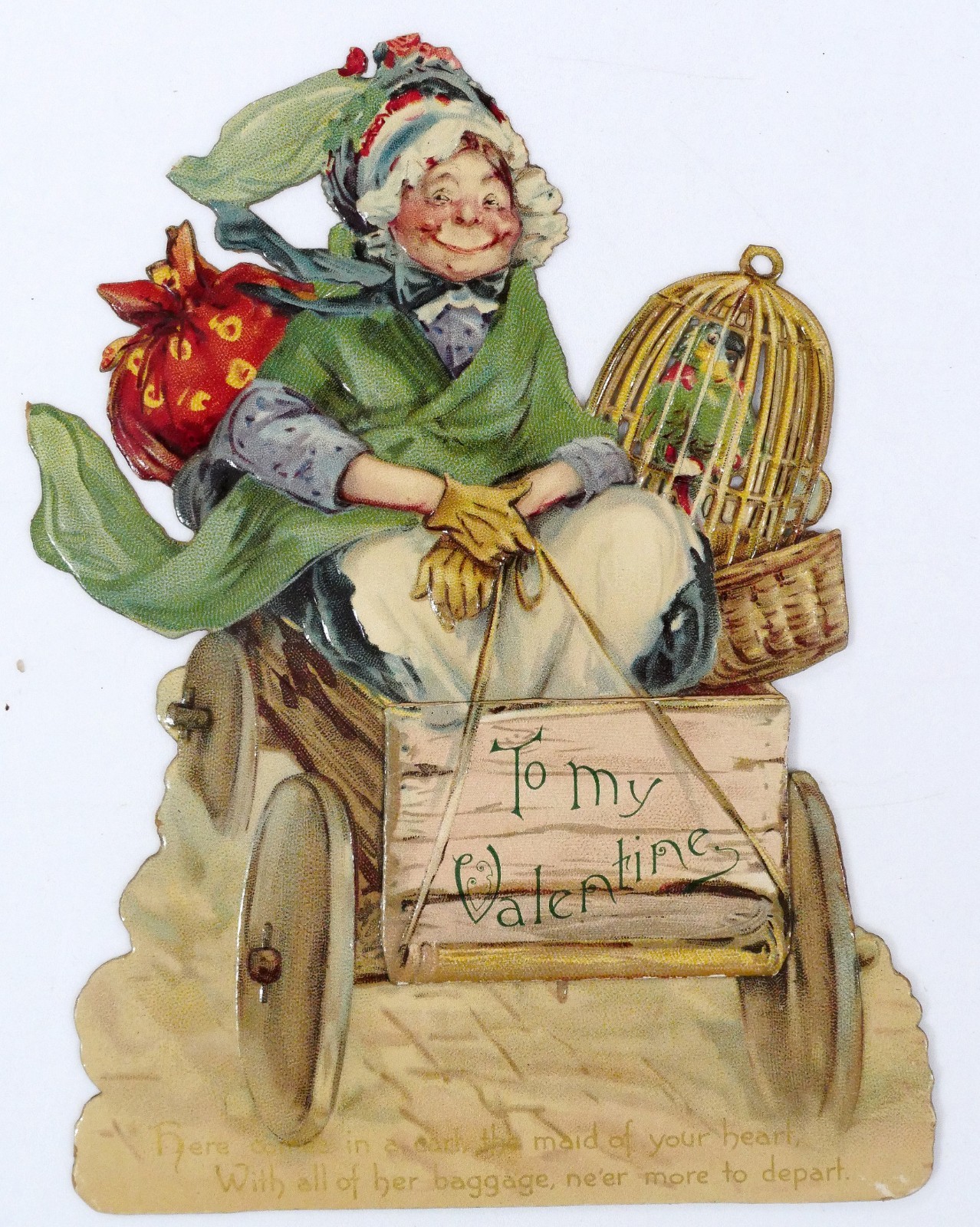 Antique Raphael Tuck Valentine c1910 Old Lady Automobile Birdcage Die Cut Card