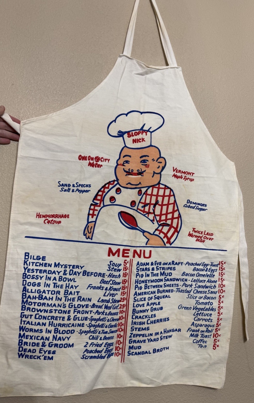 Vintage Sloppy Nick Chef Menu Apron Diner Slang Novelty Cotton Mid Century