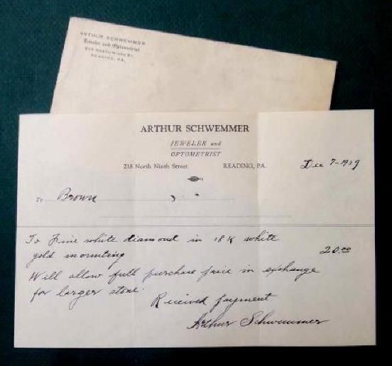 1929 antique ARTHUR SCHWEMMER JEWELER signed RECEIPT DIAMOND 18K GOLD reading pa