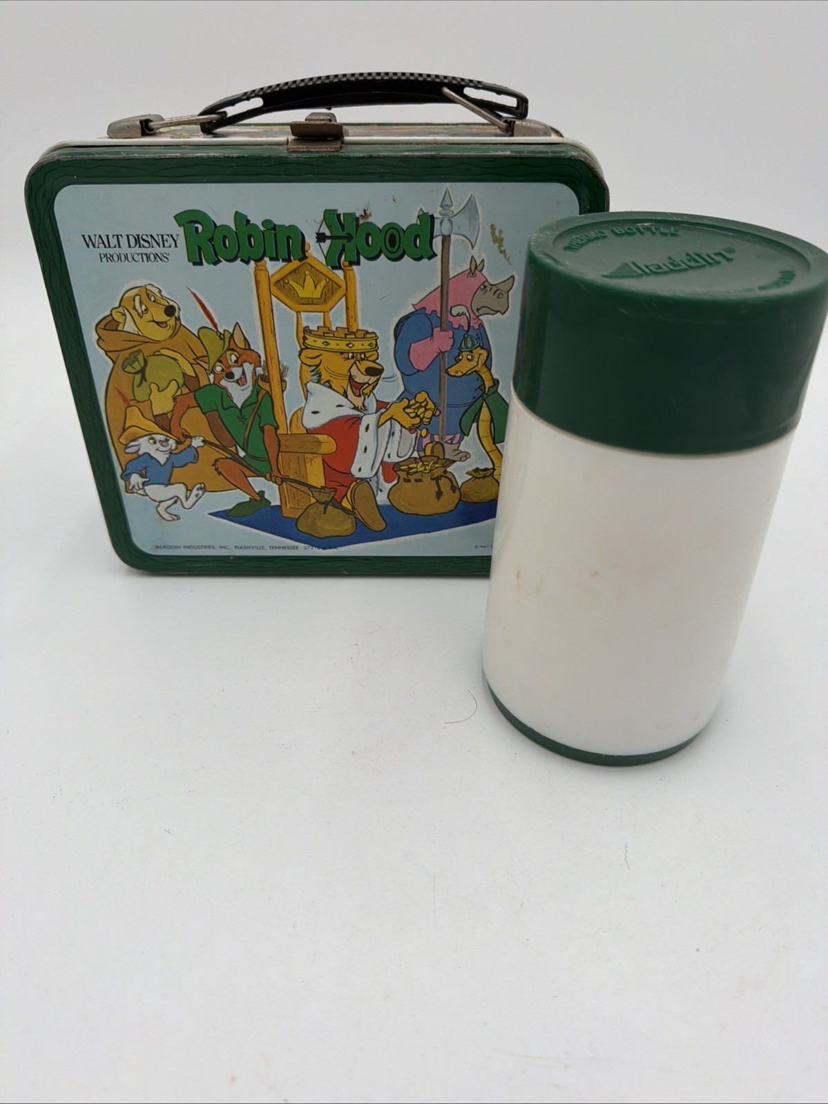 Rare Vintage 1973 Aladdin Disney Robin Hood Metal Lunchbox And White Thermos