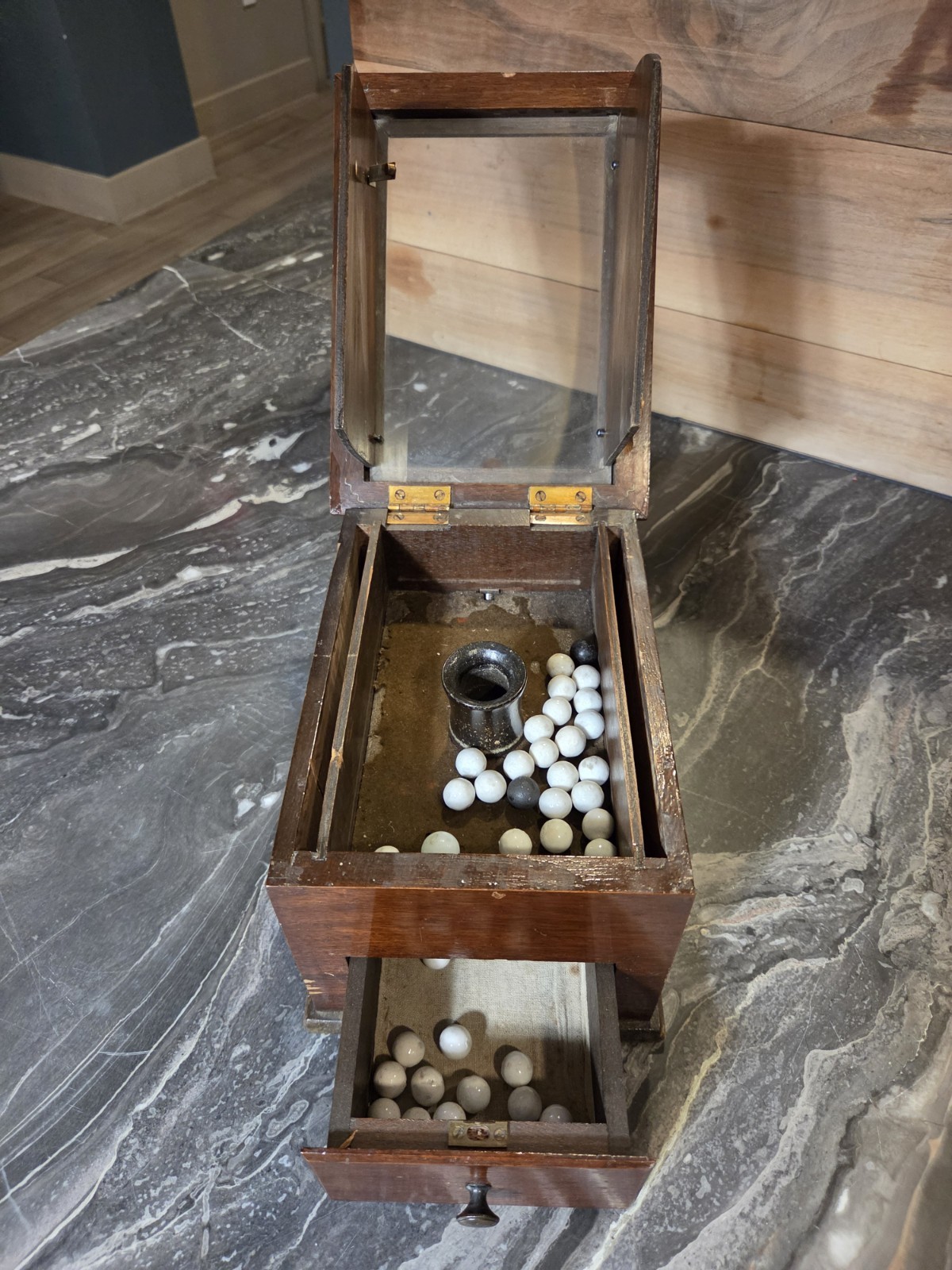 Antique 19th C Masonic Secret Ballot Box Glass Top Wood Drawer w Voting Marbles Antique 19th C Masonic Secret Ballot Box Glass Top Wood Drawer w Voting Marbles