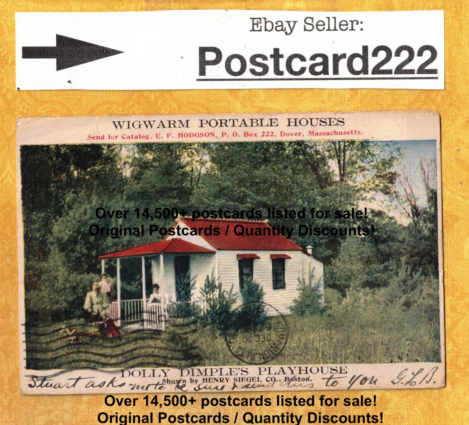 MA Dover Boston 1907 antique postcard WIGWAM PORTABLE HOUSES Henry Siegel co