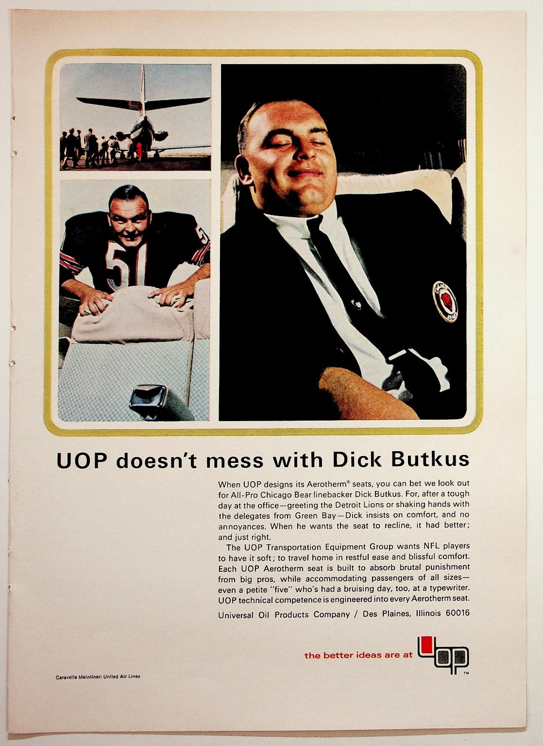 Vintage 1960s Dick Butkus UOP Aerotherm Airline Seats Chicago Bears Ad Print Vintage 1960s Dick Butkus UOP Aerotherm Airline Seats Chicago Bears Ad Print