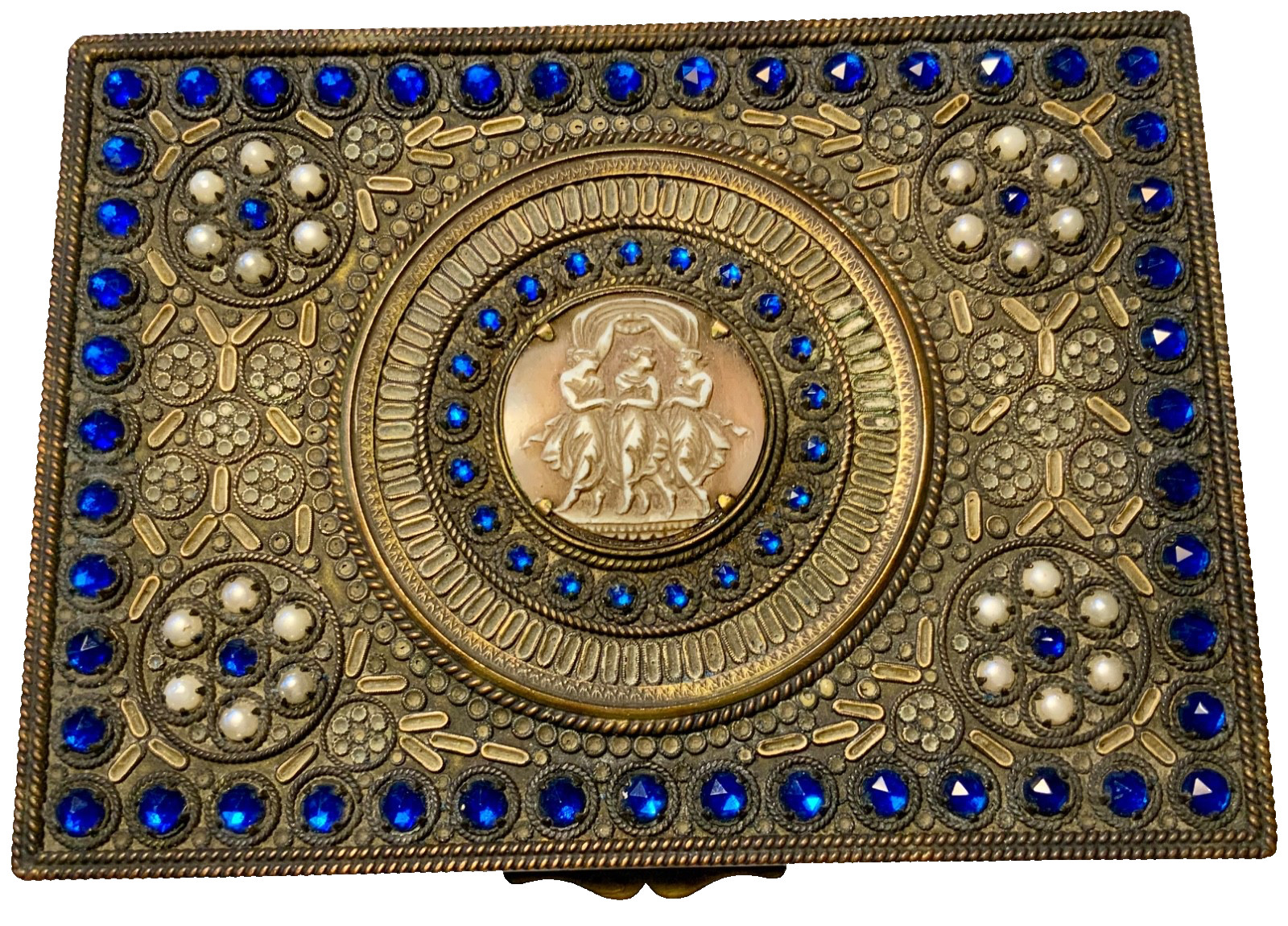 EXQUISITE Antique*FRENCH*BRASS* JEWELED*3 GRACES*ORNATE* CASKET VANITY Box EXQUISITE Antique*FRENCH*BRASS* JEWELED*3 GRACES*ORNATE* CASKET VANITY Box