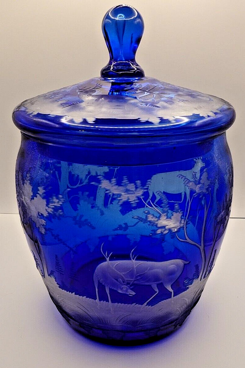 Antique Bohemian Blue Cut Clear Lidded Biscuit Jar Engraved Black Forrest Deer