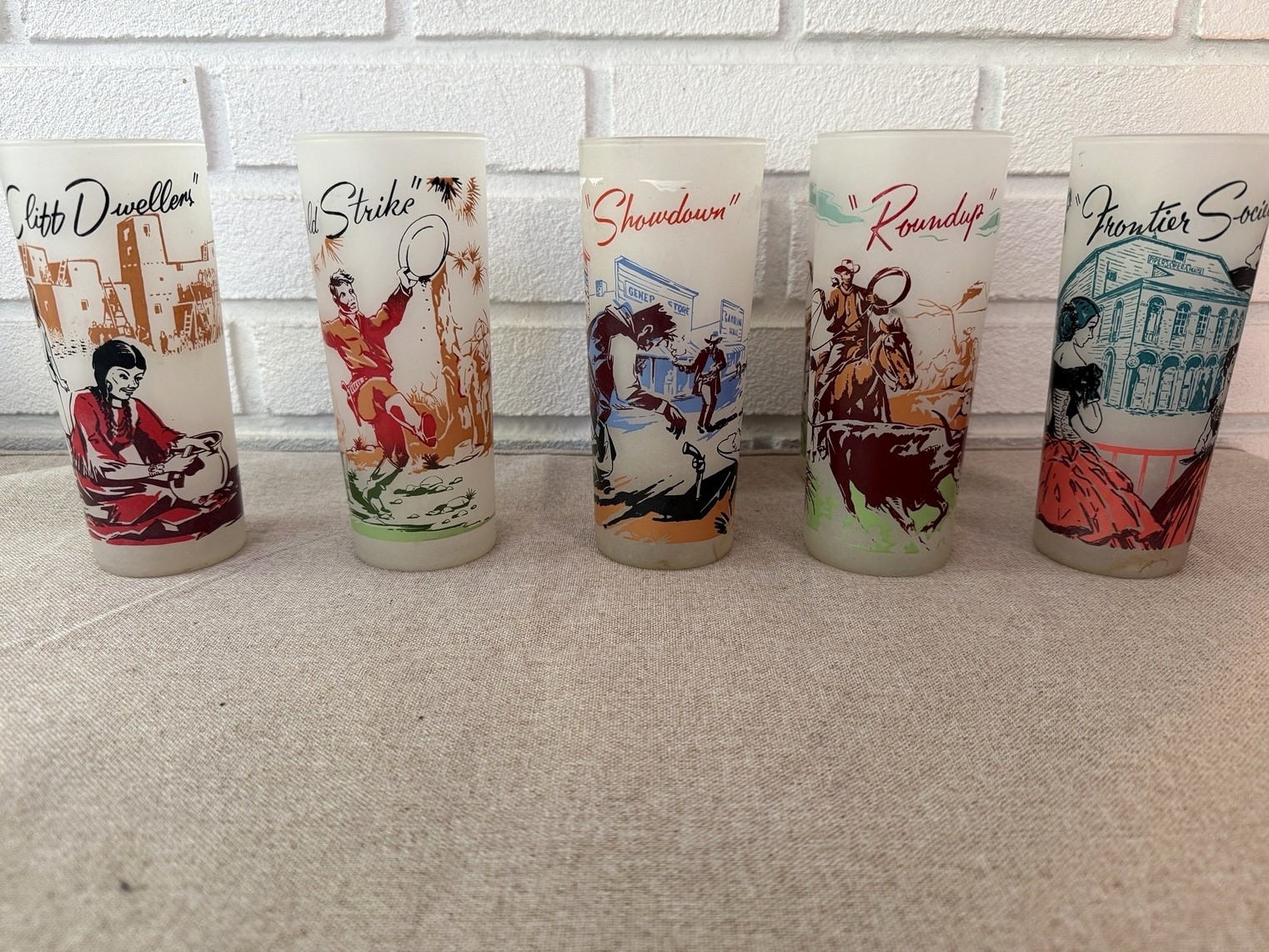 Vintage 1950s Frontier Oil Gas 7 Frosted Western Glasses Tumblers Set