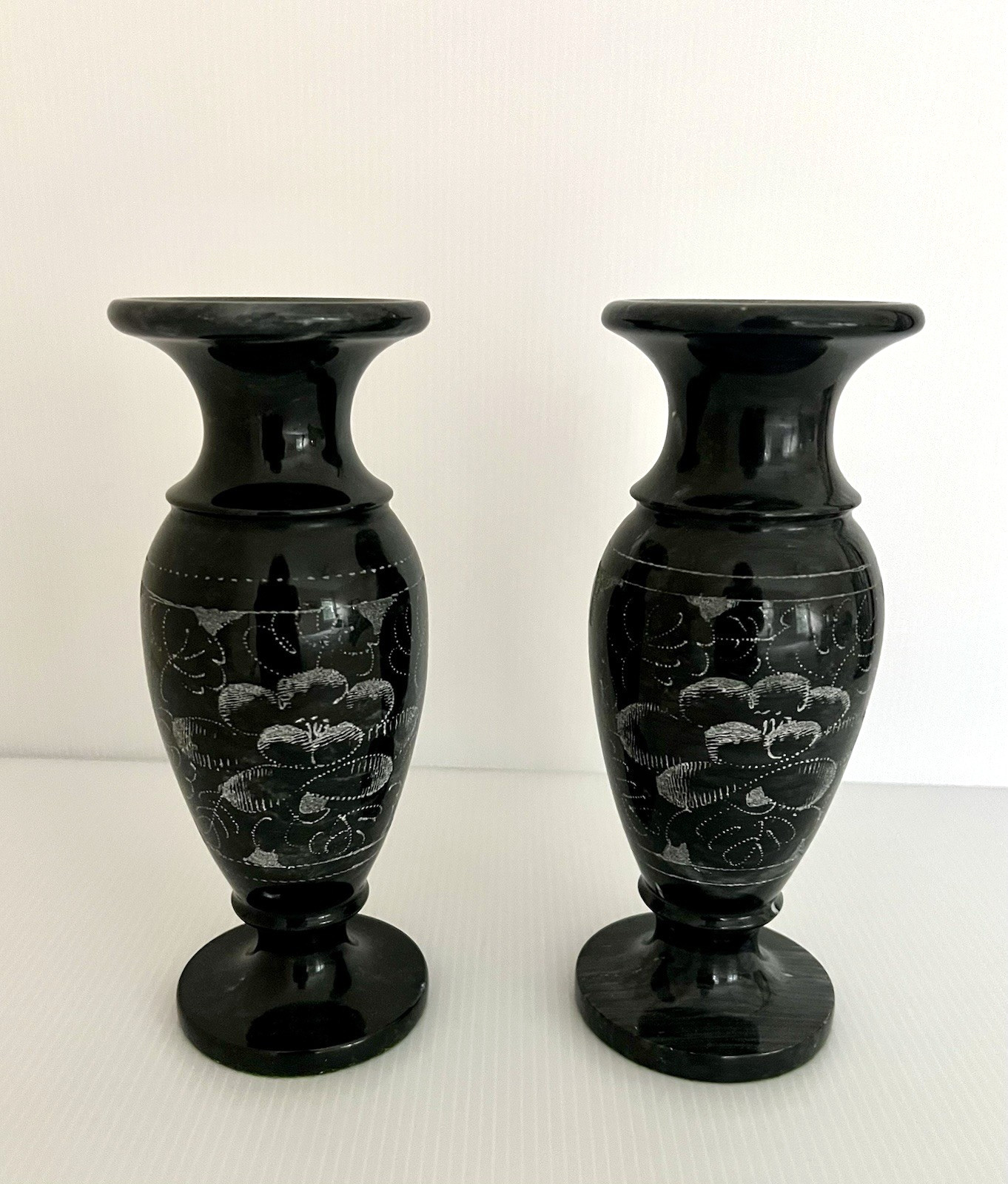 Two Vtg Black Marble Soapstone Vases Etched Lotus Fowers 8\