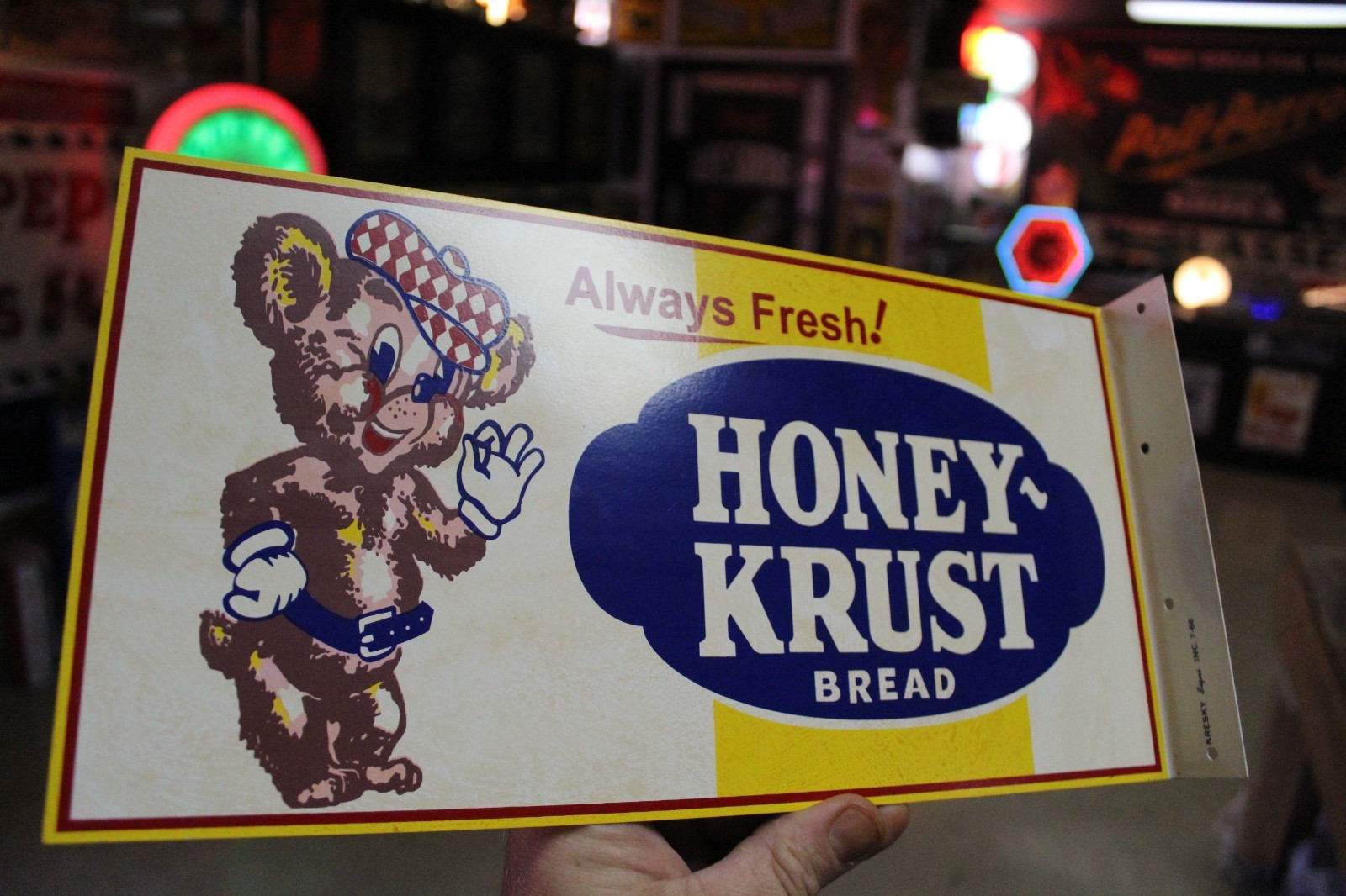 RARE 1968 HONEY KRUST BREAD PAINTED METAL 2-SIDED FLANGE SIGN CORN FARM BEAR