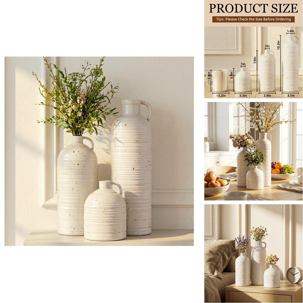 Firehold Ceramic Vase Set of 3 w/Handles - White Firehold Ceramic Vase Set of 3 w/Handles - White