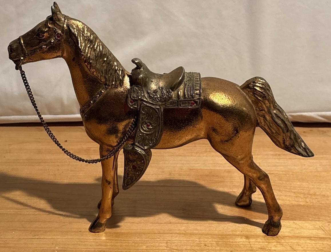 Vintage 1950s 60s Gold Tone Cast Metal Horse Figurine Removable Saddle Reins