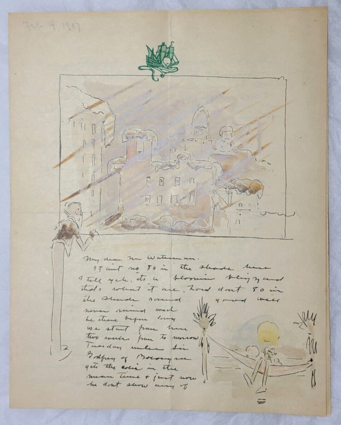 1907 John Alonzo Williams(1869–1951) Illustrated letter to Author Nixon Waterman