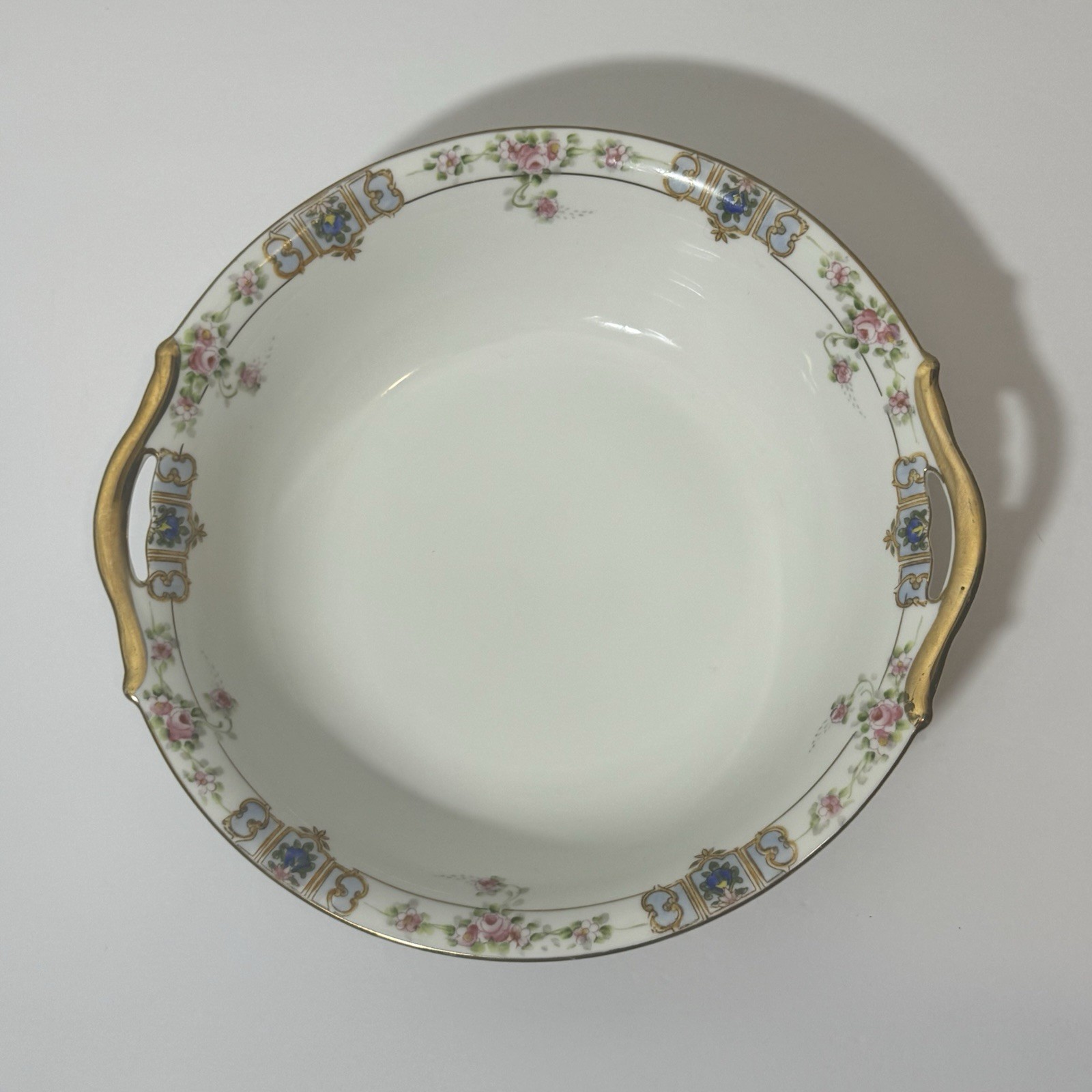 Antique Hand Painted Nippon Porcelain Serving Bowl Pink Roses Gold Handles Japan