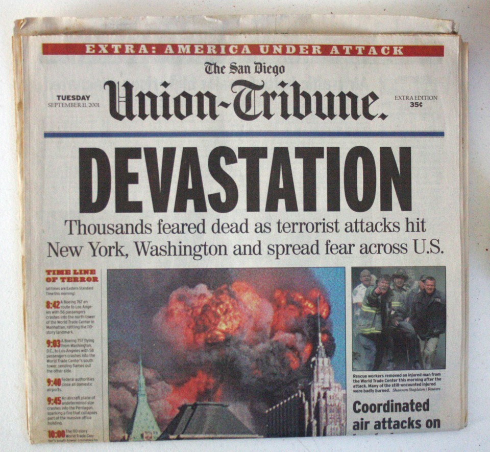 SAN DIEGO UNION TRIBUNE NEWSPAPER 9/11 & 9/12 SEPTEMBER 11 2001 UNOPENED UNREAD