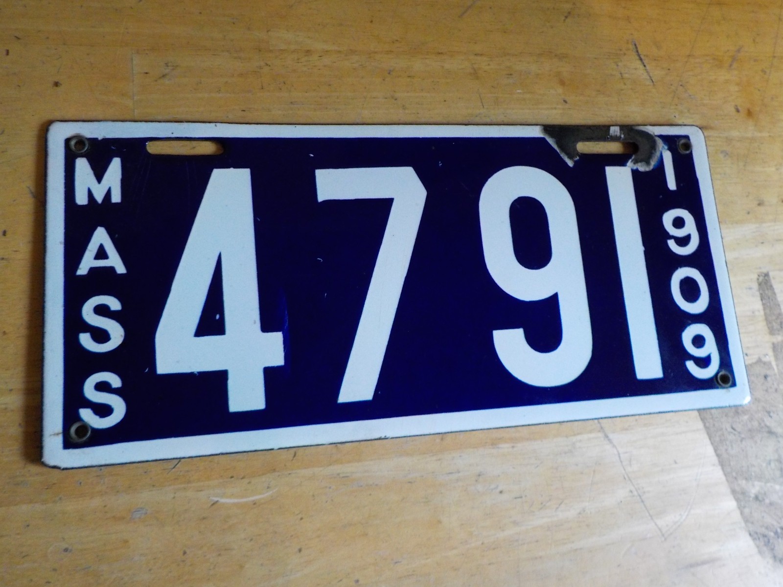 1909 Massachusetts Mass Porcelain License Plate Tag low number Four Digit 4791 1909 Massachusetts Mass Porcelain License Plate Tag low number Four Digit 4791
