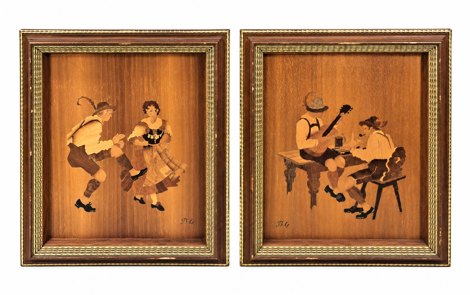 Vintage Buchschmid Gretaux BG German Wood Inlay Art Pair Bavaria Folk Framed Set