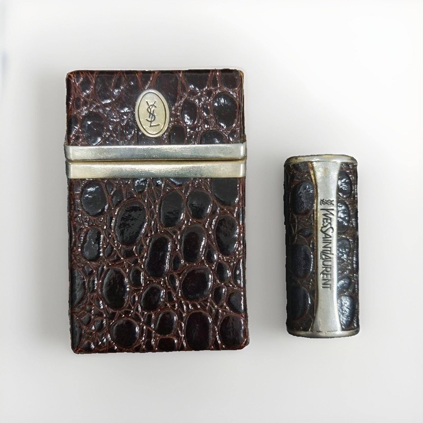 Saint Laurent YSL Dark Brown Croc Leather Cigarette Case & Lighter Cover Set Saint Laurent YSL Dark Brown Croc Leather Cigarette Case & Lighter Cover Set