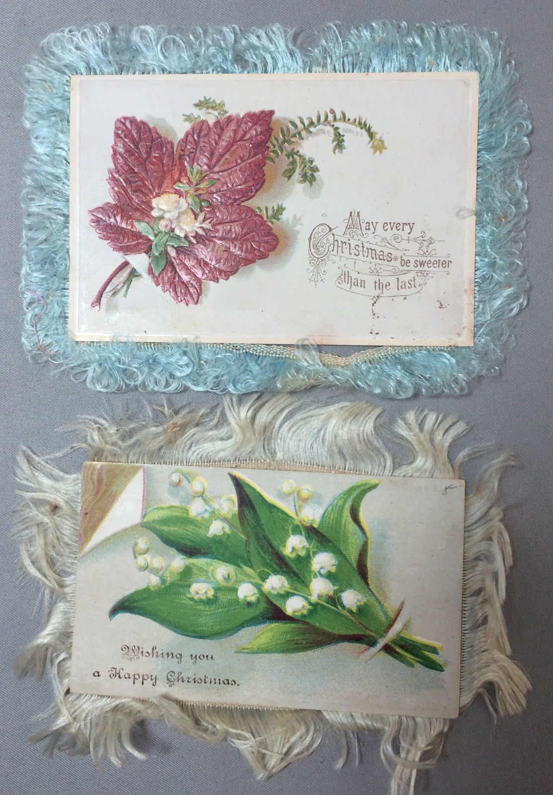 2 1880s SILK Fringe VICTORIAN CALLING CARD Die Cut Scrap CHRISTMAS Antique