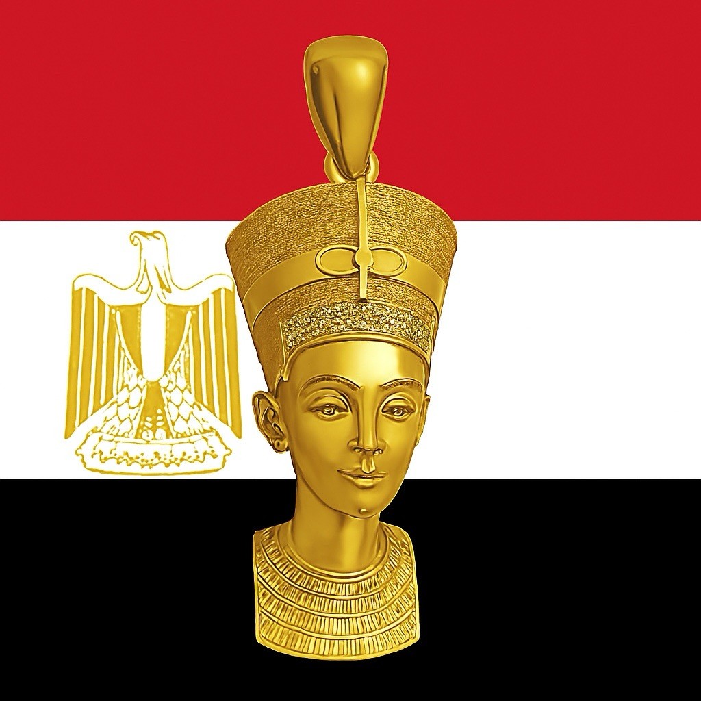 14k Gold Inlay Depicting Queen Nefertiti Stainless Steel Egyptian Style Pendant