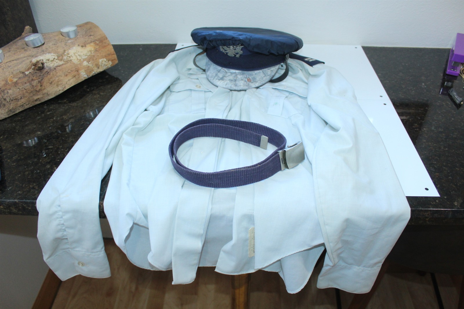 Vintage Retired Air Force Blue Cap With Cover, White Shirt And Blue Belt Vintage Retired Air Force Blue Cap With Cover, White Shirt And Blue Belt