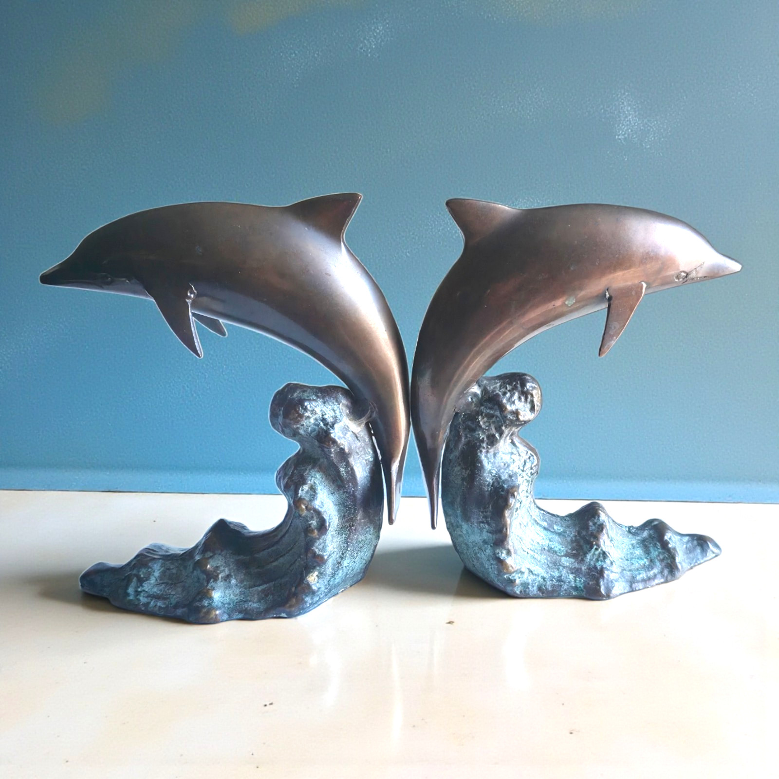 Vintage SJ Bay Trading Dolphin Sculptures Pair Brass Bronze Patina Nautical...