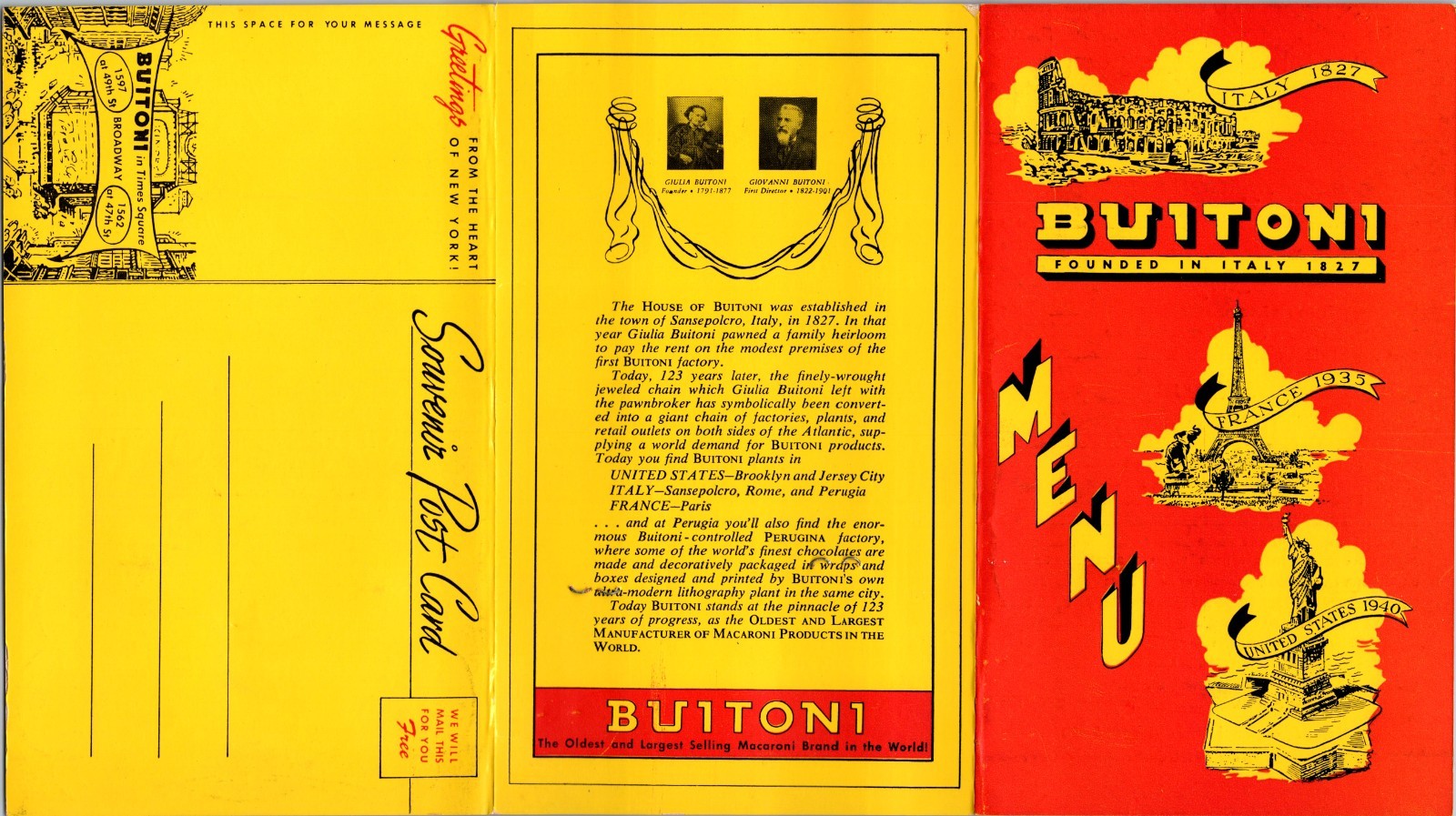 RARE 1940 NY FOLDING POSTCARD W/MENU BUITONI STARCH REDUCED pasta w/sauce 55cent