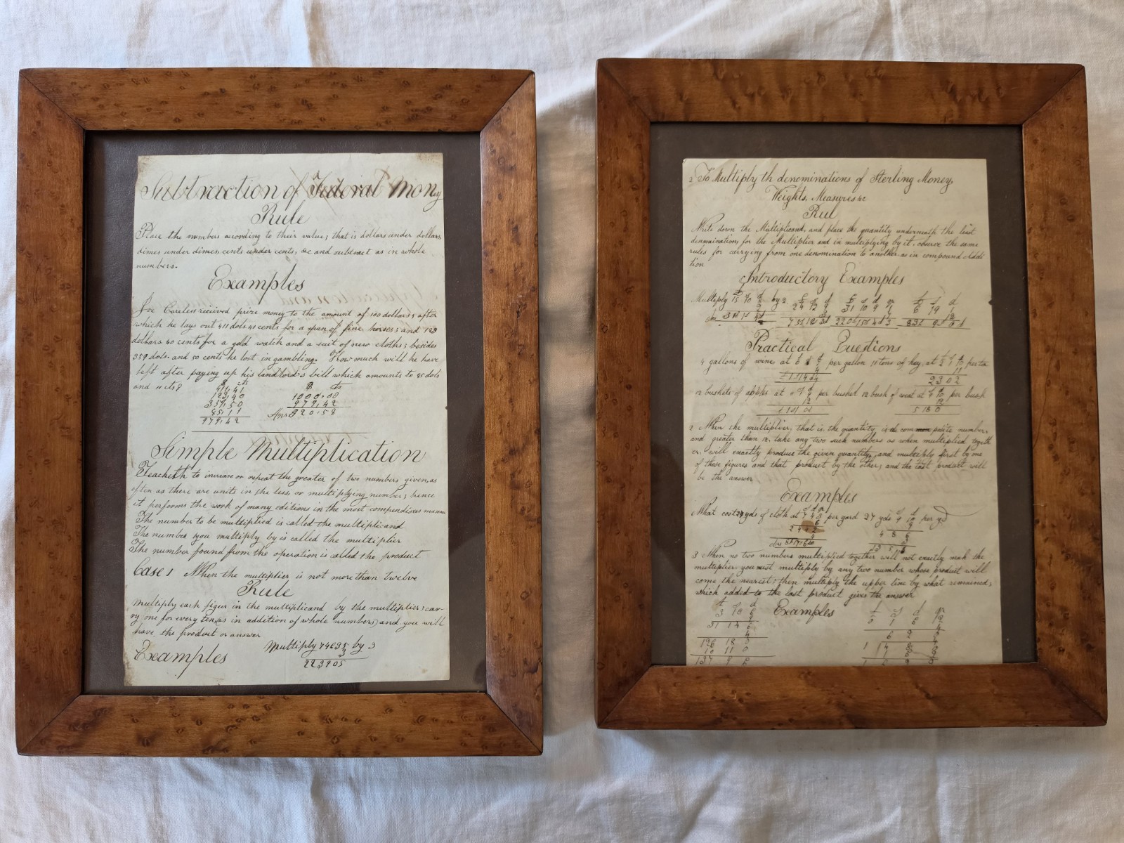 Antique Pair Math Cypher Pages Framed Fine Calligraphy c 1780
