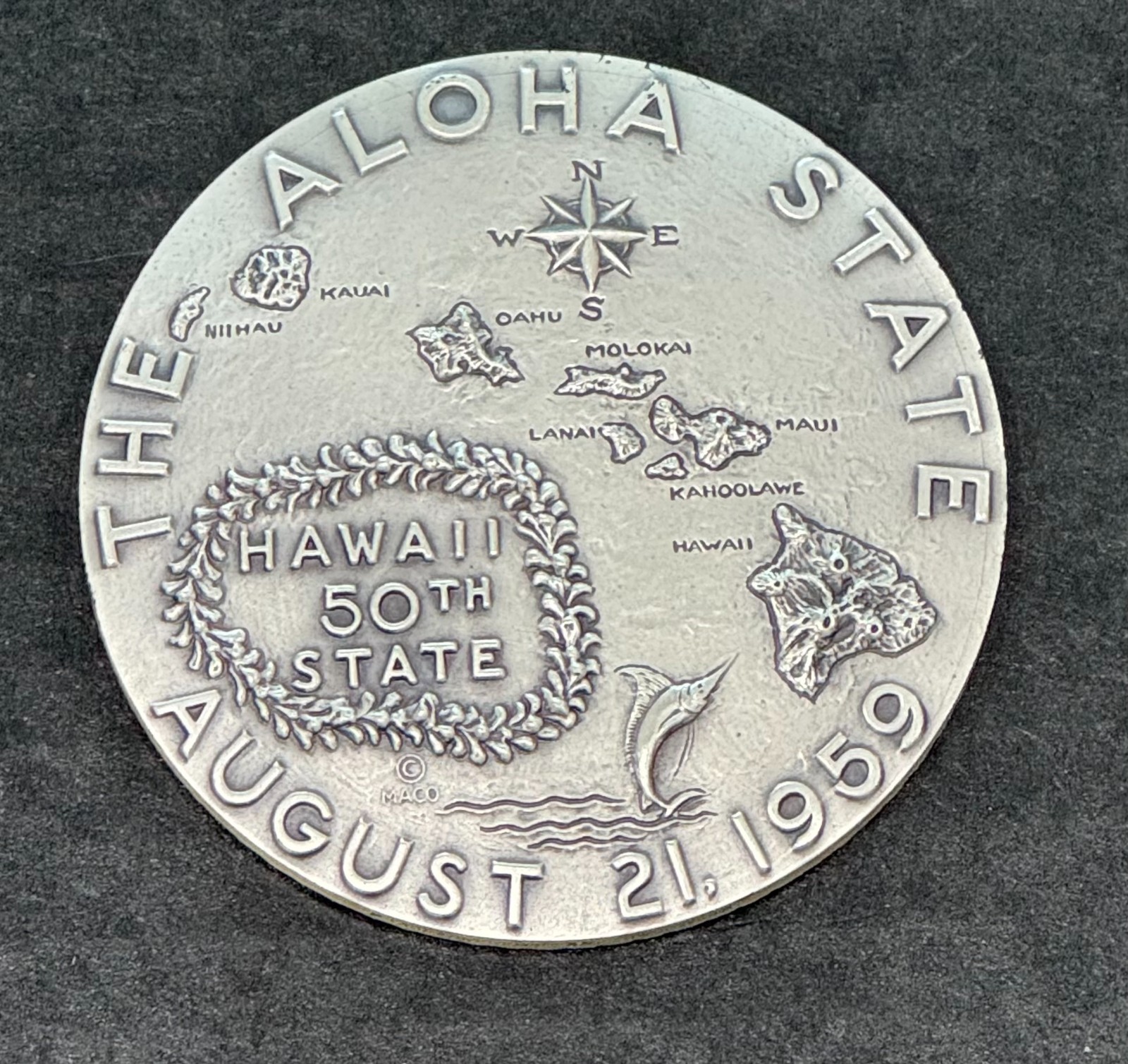 1959 Hawaii Statehood 50th State .925 Sterling Silver Medal 134.5 g 63.5 mm diam 1959 Hawaii Statehood 50th State .925 Sterling Silver Medal 134.5 g 63.5 mm diam