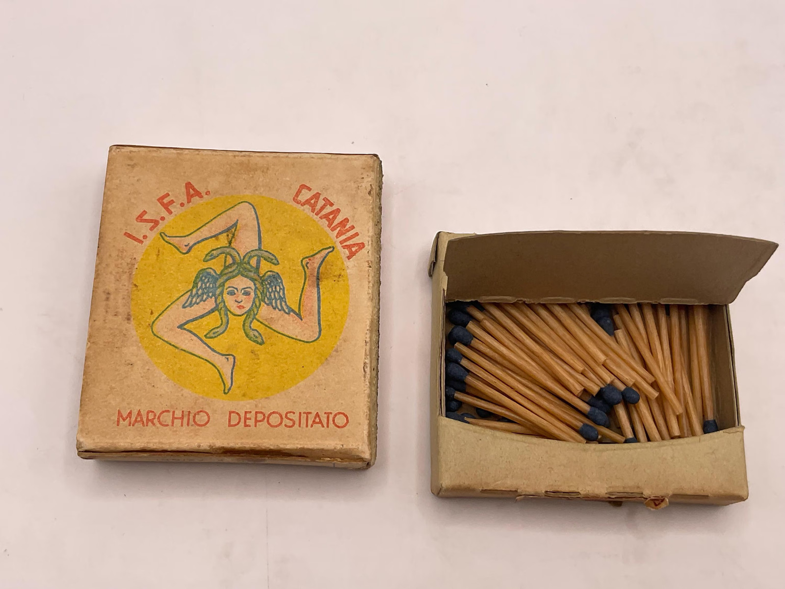 1930s Sicily Trinacria Wax Matchbox ISFA Catania Cerini Tax Stamp Full Box Ephe
