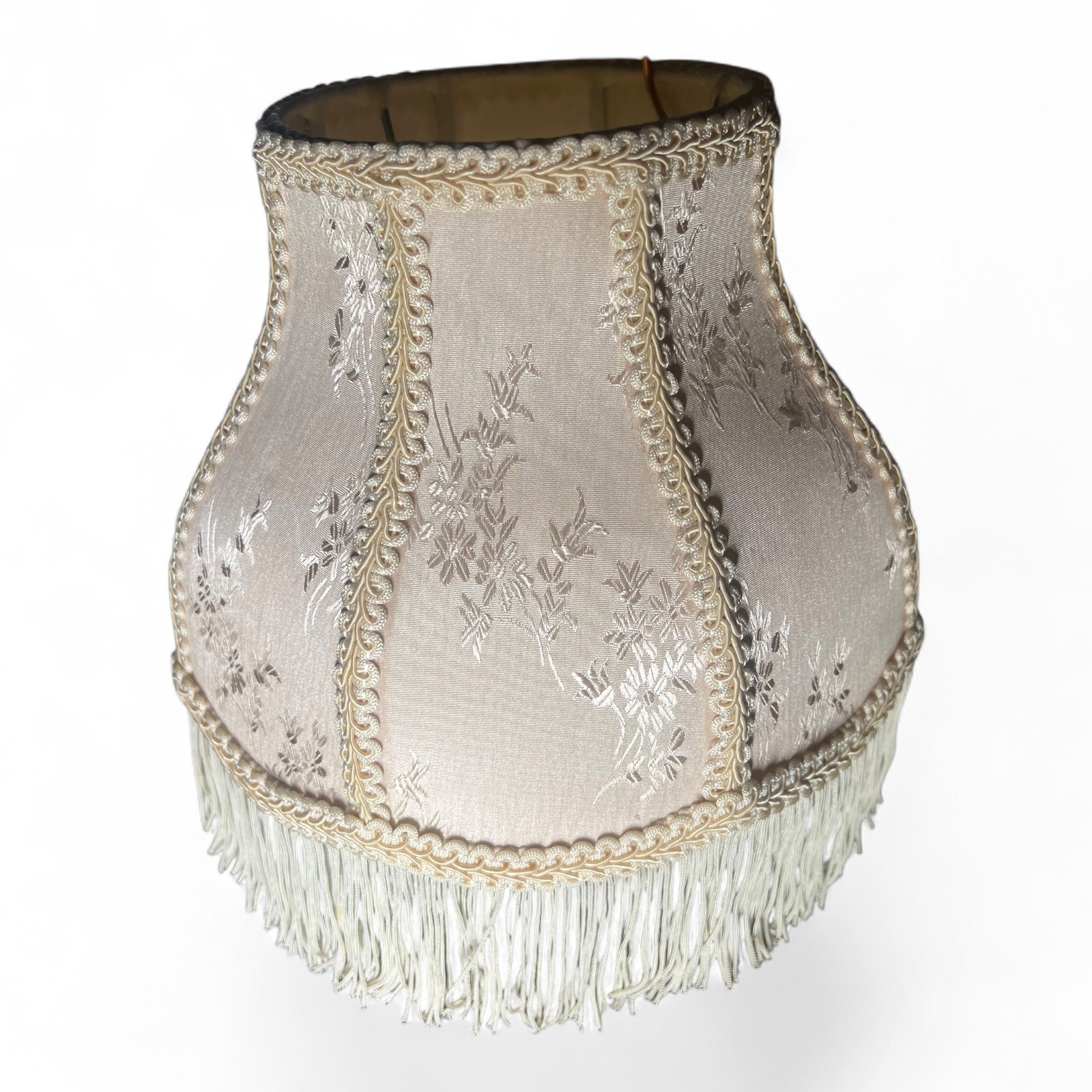 Vintage Dusty Rose Cream Damask Brocade Victorian Bell Panel Fringe Lamp Shade Vintage Dusty Rose Cream Damask Brocade Victorian Bell Panel Fringe Lamp Shade