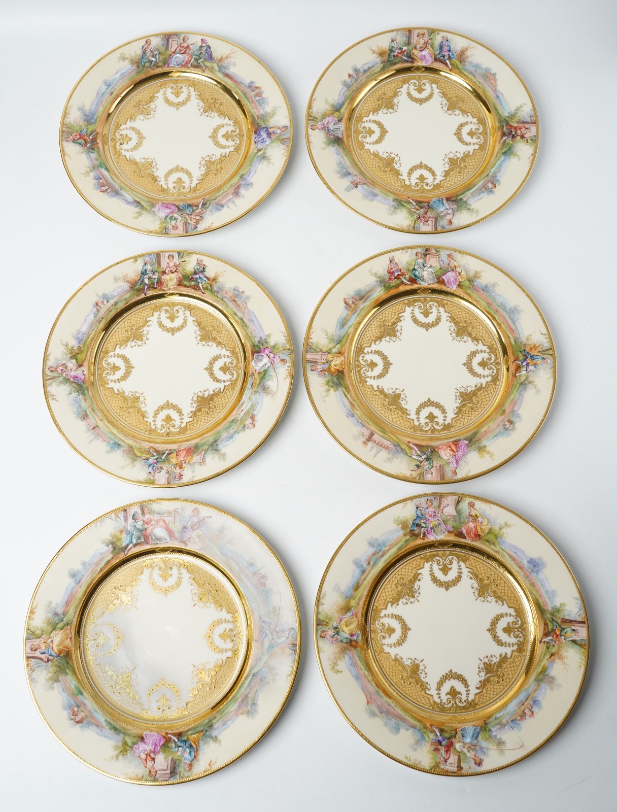 Antique KPM Sceptre Dresden Hand Painted Watteau Raised Gold Plates Set of 6