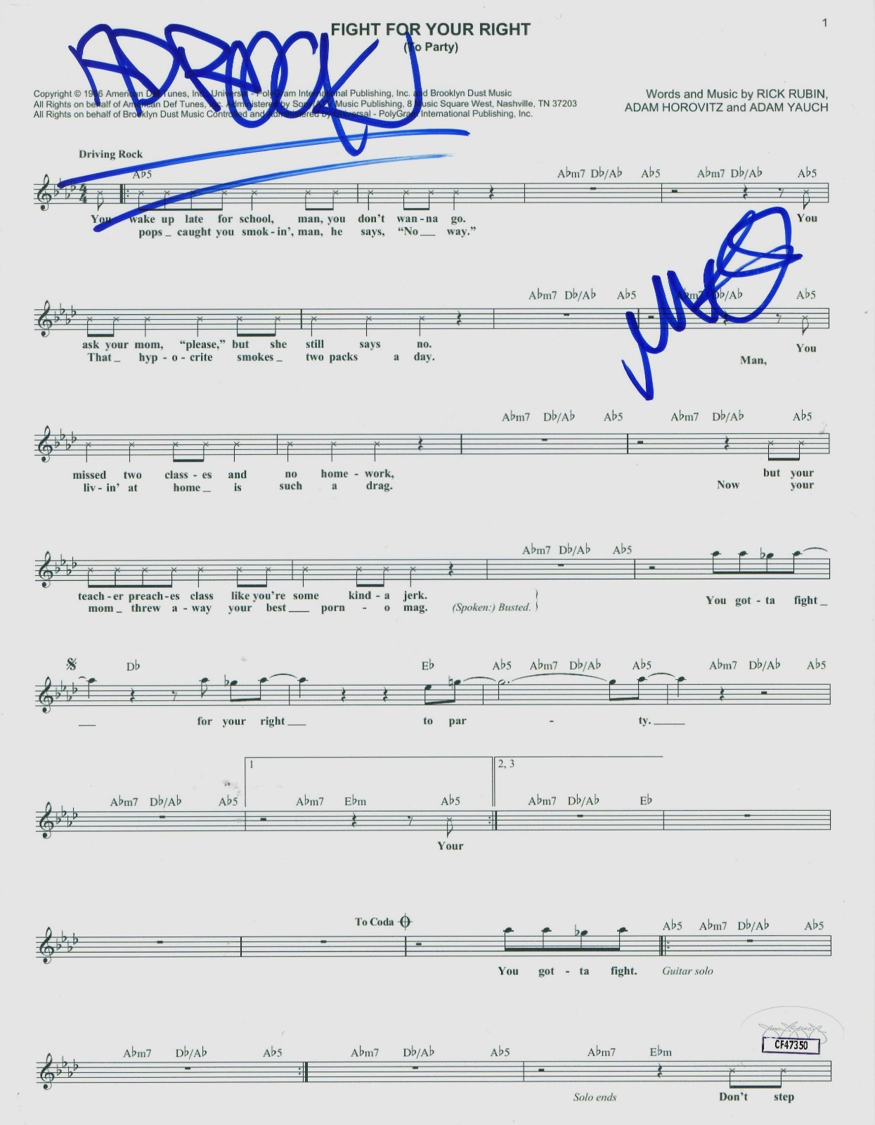 Ad-Rock Mike D Beastie Boys Signed Fight For Your Right Lyric Music Sheet JSA