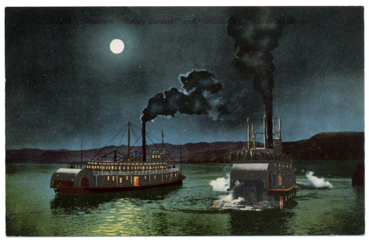 Steamers BAILEY GATZERT & DALLES CITY ~ Columbia River moon Edw Mitchell c1910 Steamers BAILEY GATZERT & DALLES CITY ~ Columbia River moon Edw Mitchell c1910