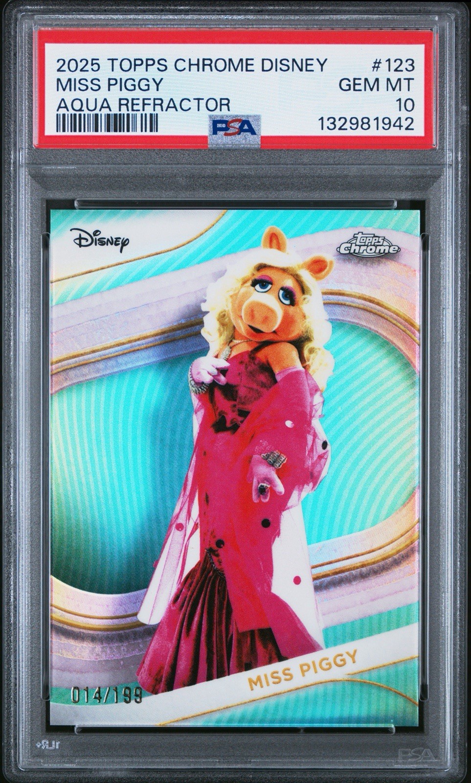 2025 Topps Chrome Disney Aqua Refractor 14/199 Miss Piggy #123 PSA 10 2025 Topps Chrome Disney Aqua Refractor 14/199 Miss Piggy #123 PSA 10