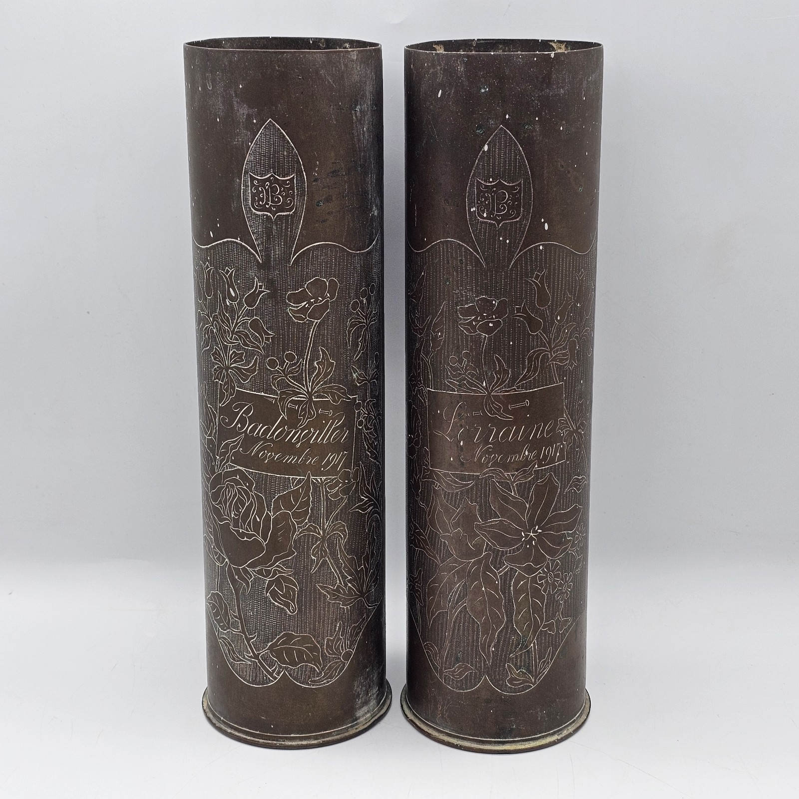 Pair 1917 WW1 Trench Art Vase Lot Lorraine & Badonviller France