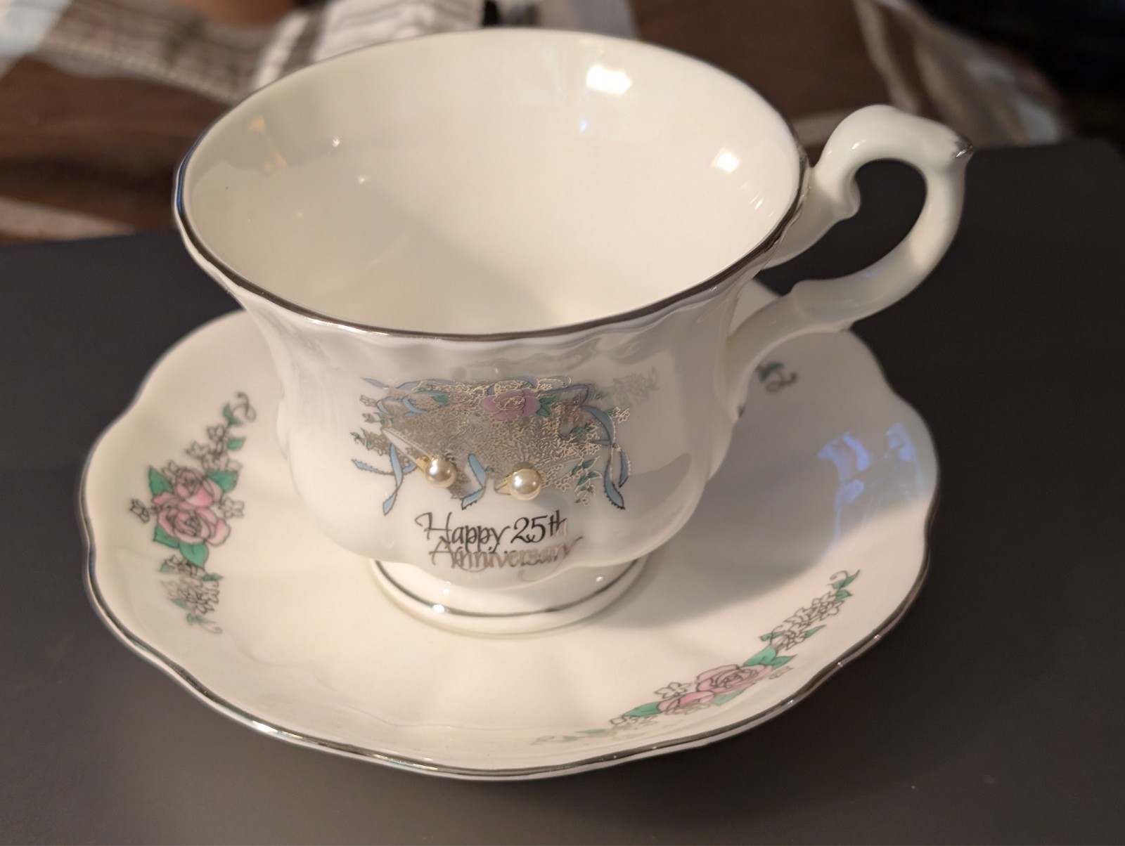 Vtg 1988 Roman Inc 25th Anniversary Teacup & Saucer Set Pearl Clapper Japan Vtg 1988 Roman Inc 25th Anniversary Teacup & Saucer Set Pearl Clapper Japan
