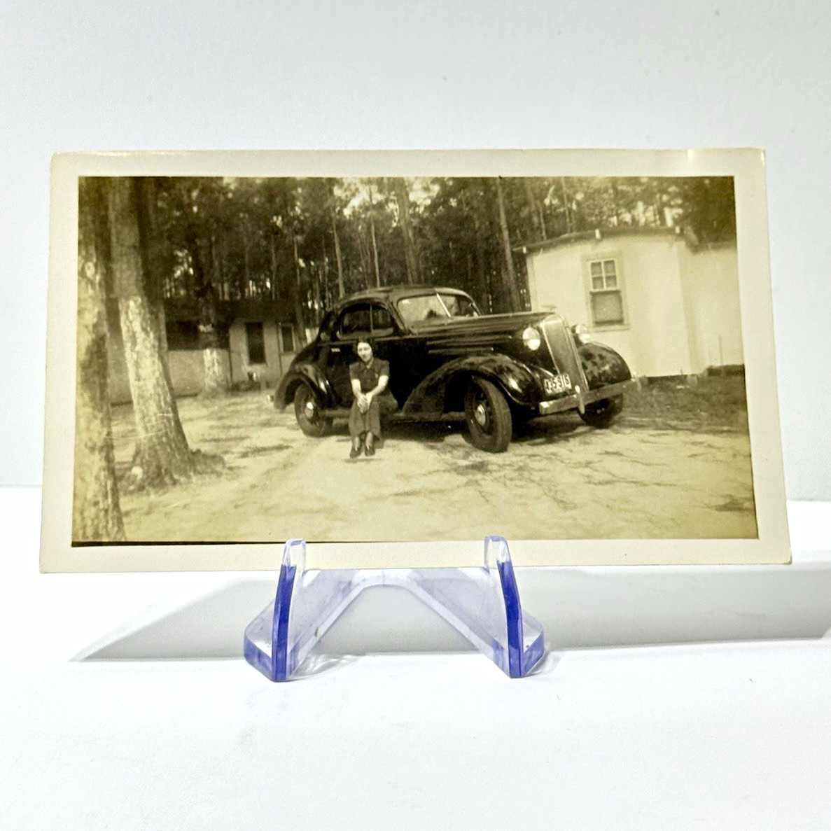 1930s Vintage Photo Snapshot Woman Standing With Classic Car in Driveway