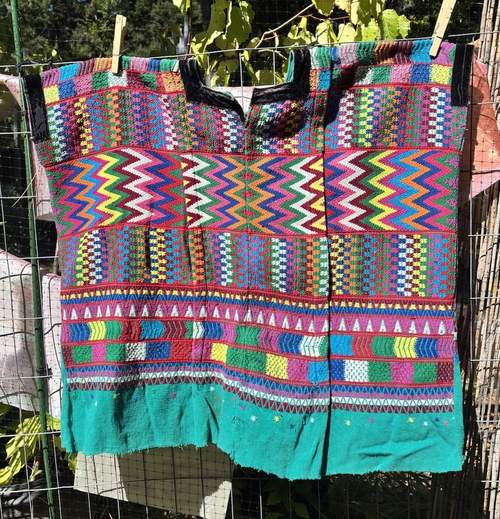 Huipil Handwoven Vintage Guatemalan, Green Base Geometric Design , San Ped